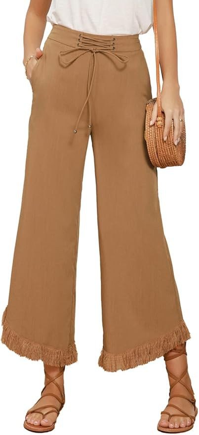 GRACE KARIN Women Wide Leg Linen Palazzo Pants Boho Drawstring Waist Oblique Tassel Hem Beach Tro... | Amazon (US)