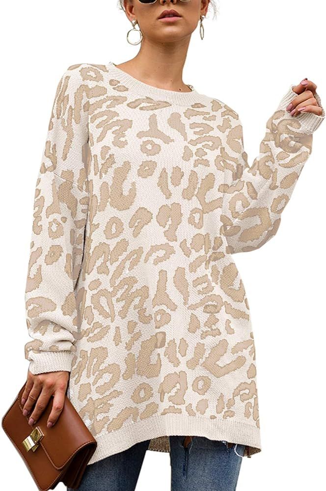 Yidarton Women's Casual Leopard Print Crew Neck Long Sleeve Camouflage Knitted Tops Oversized Pul... | Amazon (US)