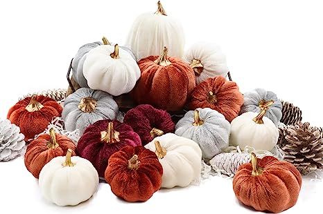 Amazon.com: 18 PCS Velvet Pumpkins for Fall Table Decor, Artificial Pumpkins, Faux Fake Pumpkin H... | Amazon (US)