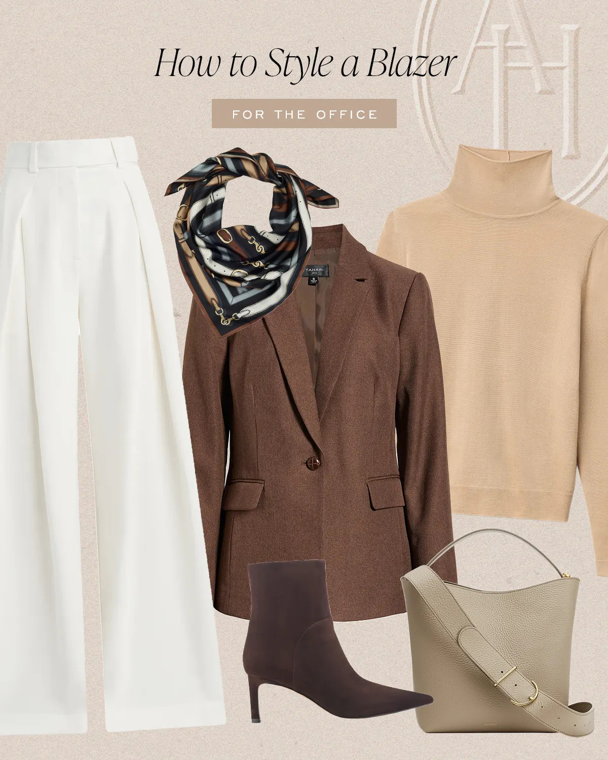 Workwear brown blazer, cream trousers, cashmere turtleneck, silk scarf and the most stunning brown booties.  

 #LTKootd