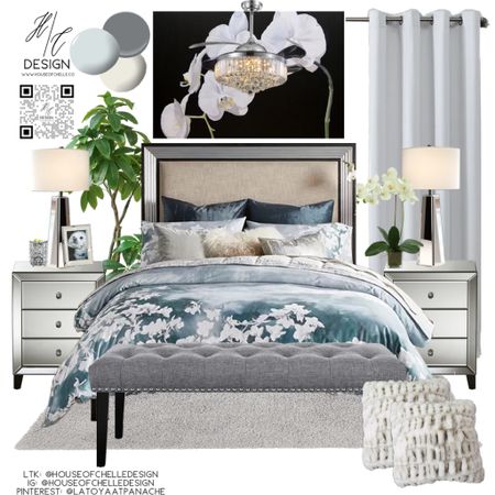 Modern bedroom | home decor concept board | bed, nightstand, bed bench, rug, side tables, side chair, nightstand lamps, table lamps, chandelier, ceiling fan, ceiling light, floor lamp, faux plants, vases, mirror, artwork, pillows, bedding, curtains, window treatments, picture frames, candle holders. #moodboard

#LTKhome #LTKstyletip
