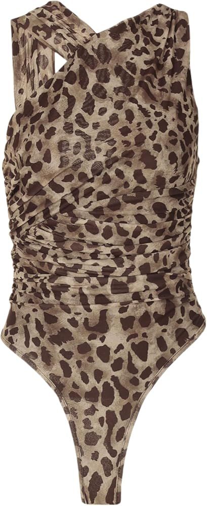 RARITYUS Women's Sexy Sleeveless Leopard Print Bodysuit Leotards Asymmetrical Neck Ruched Tulle J... | Amazon (US)