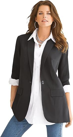 Roamans Women's Plus Size Boyfriend Blazer Professional Jacket | Amazon (US)