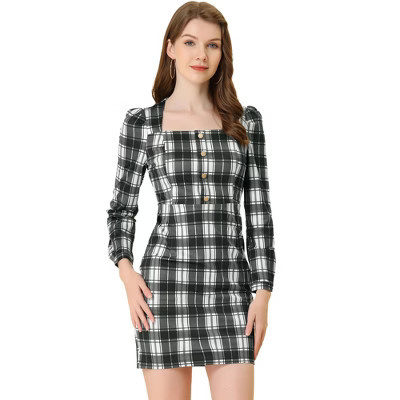 INSPIRE CHIC Women's Square Neck Long Puff Sleeve Plaid Bodycon Dress X-Large Black | Target