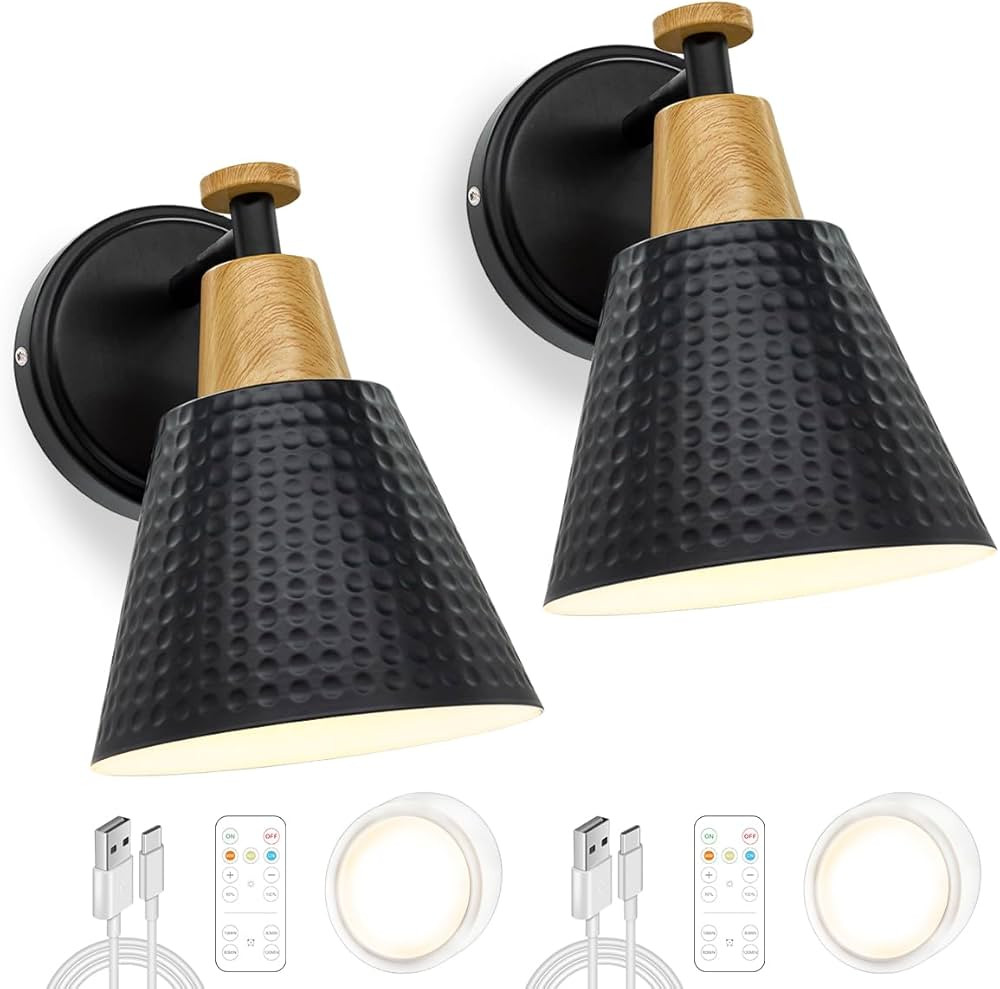 Battery Operated Wall Sconce Set of 2, Hammered Metal Shade Matte Black Wall Lights Fixture,Easy ... | Amazon (US)