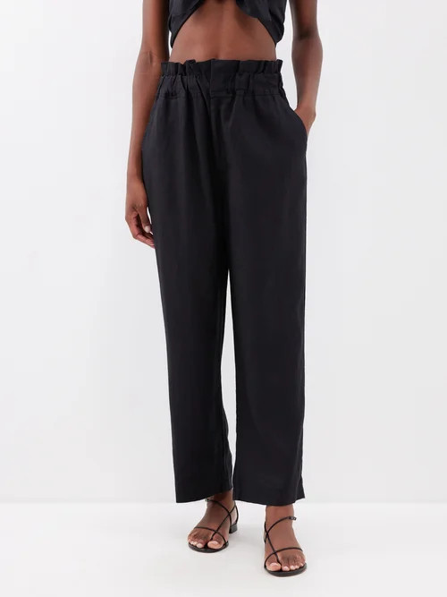 Posse - Ducky Paperbag-waist Linen Trousers - Womens - Black | Matches (US)