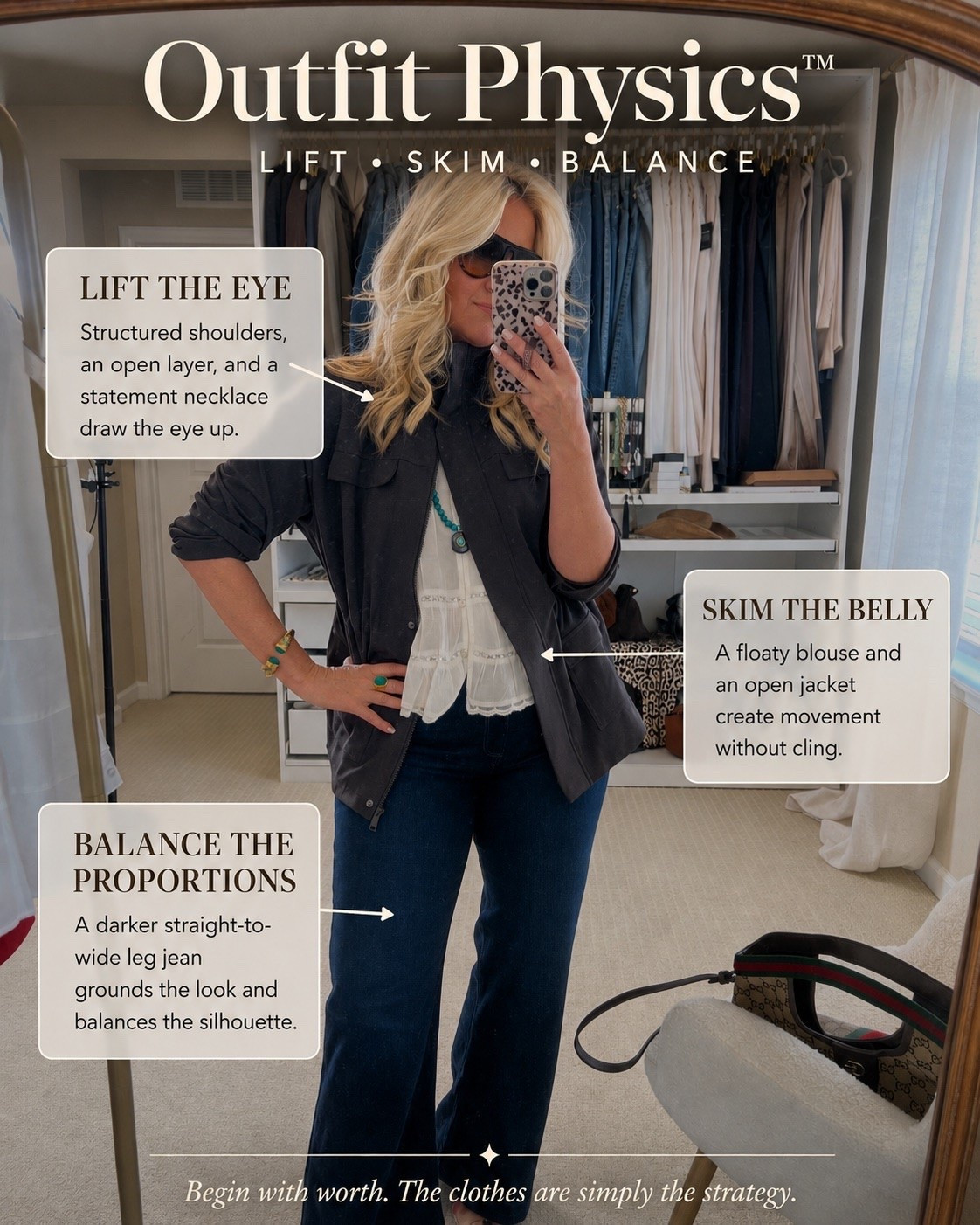 ✨Tap the bell, save and ❤️ start here over 40 fashion, midlife style, midsize fashion and luxury looks for less.  

⬇️Sizing information:
Jeans 31 P (size down if in between sizes.)
Top medium (size down if in between sizes.)
Jacket medium (size down if in between sizes.) 

Jeans hug your belly? Watch this Outfit Physics formula.

The same body can look completely different depending on how we build the outfit.

We LIFT the eye so the belly is not the focal point.

We SKIM the body with pieces that move over us instead of clinging.

We BALANCE our proportions so the entire silhouette feels lighter.

That is Outfit Physics™.

We are not hiding our bodies or squeezing ourselves into something smaller. We are learning how shape, structure, and proportion work together so our clothes finally work for us.

Same body. Different physics. Completely different feeling.

👑 Helping you look good, feel good.-Lindsey Denver   Check back daily for belly-friendly style, confidence, and Outfit Physics™.

#LTKMidsize #LTKOver40 #LTKPlusSize

Comment SHOP below to receive a DM with the link to this post on my LTK ⬇ https://liketk.it/6khFC

Comment SHOP below to receive a DM with the link to this post on my LTK ⬇ https://liketk.it/6kibo