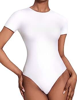 ALGALAROUND Double Layered Short Sleeve Bodysuit for Women Basic T Shirts Body Suits | Amazon (US)
