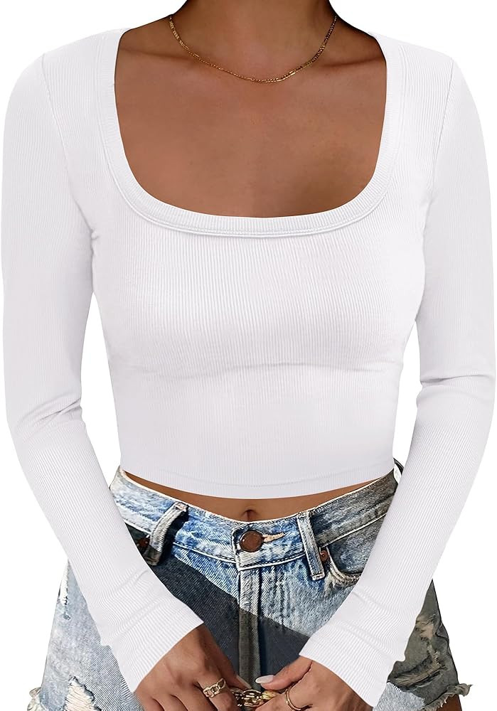 ANRABESS Women's Long Sleeve Square Neck Crop Top Ribbed Slim Fitted Basic Tee Layer Y2K Shirts F... | Amazon (US)