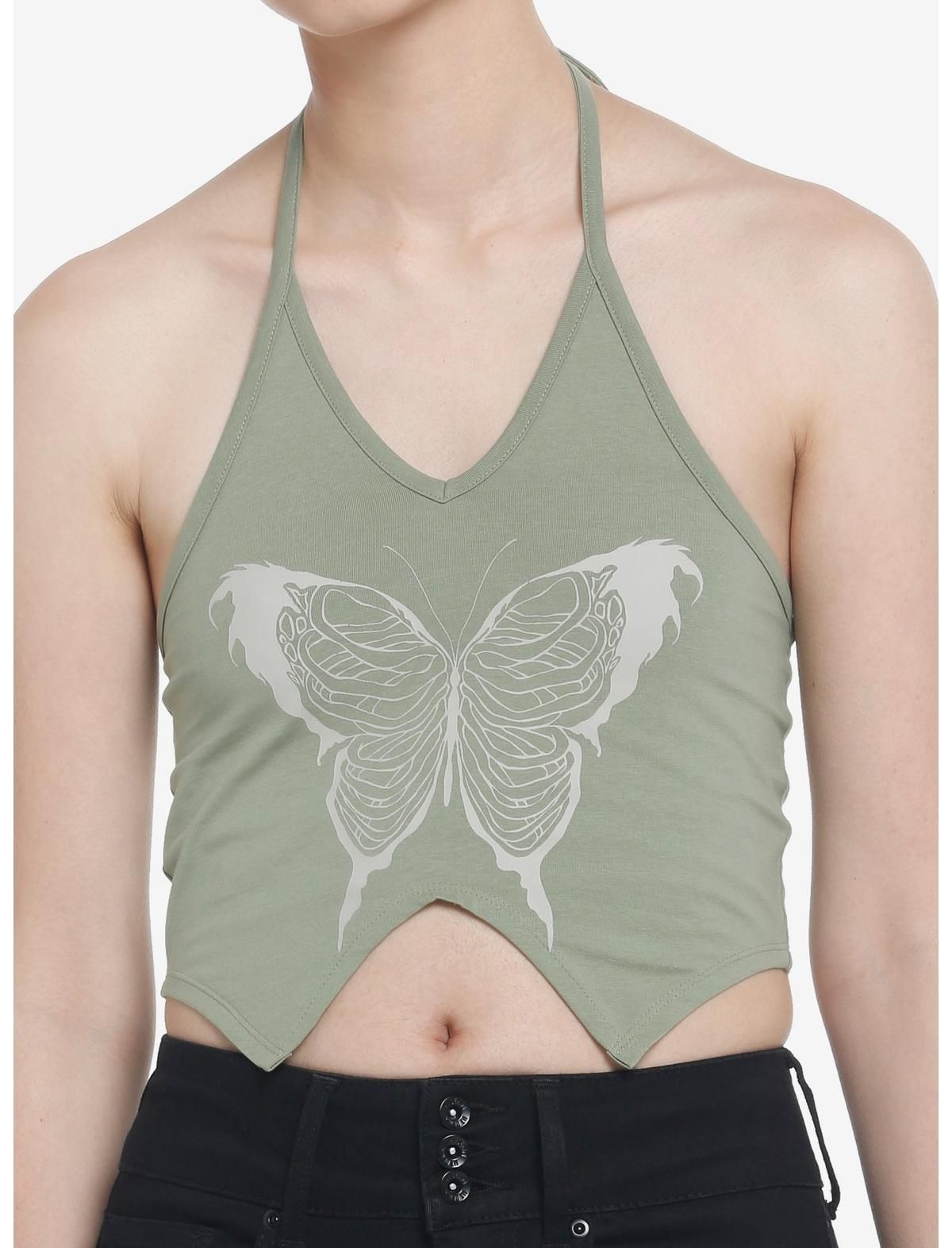 Thorn & Fable Death Butterfly V-Hem Crop Girls Halter Tank Top | Hot Topic | Hot Topic