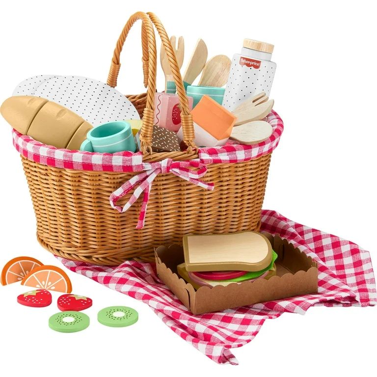 Fisher-Price Wooden Picnic Basket and Food Pretend Play Set for Preschool Kids, 31 Pieces | Walmart (US)