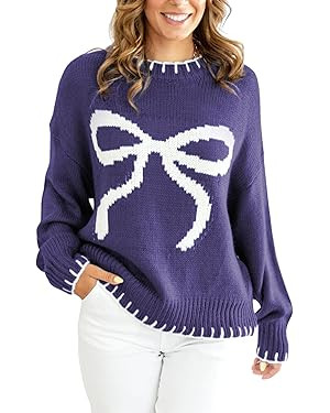 Womens 2025 Fall Sweater Long Sleeve Crewneck Cropped Knit Sweaters Plus Size Cute Bow Pullover T... | Amazon (US)