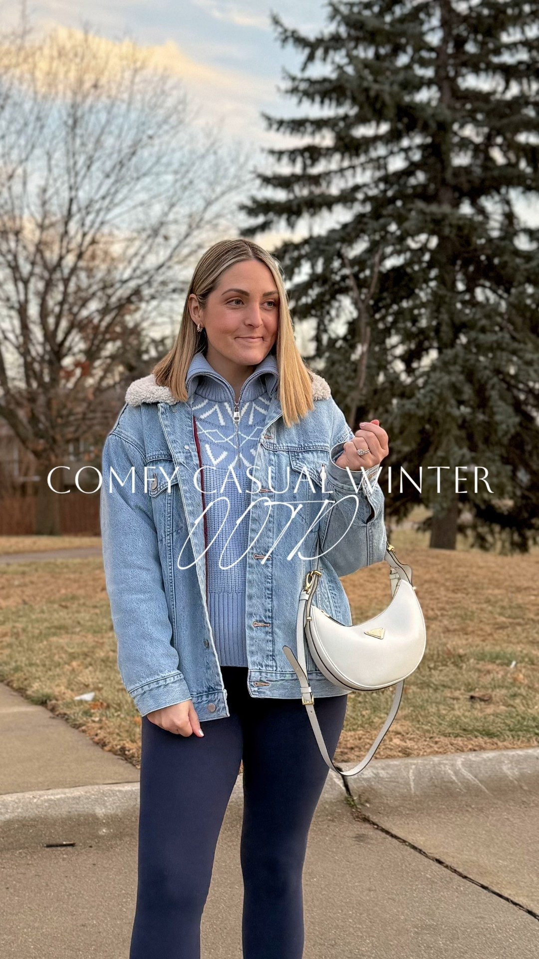 Easy casual comfy winter outfit! Loving this Sherpa collar Jean jacket and my this Varley half zip!  Looks, put together, but so comfy for these cozy winter months!  

Winter outfits, casual outfits, athleisure outfits, leggings, Aritzia outfits, Aritzia #aritzia #varley 

#LTKootd #LTKActive #LTKSeasonal