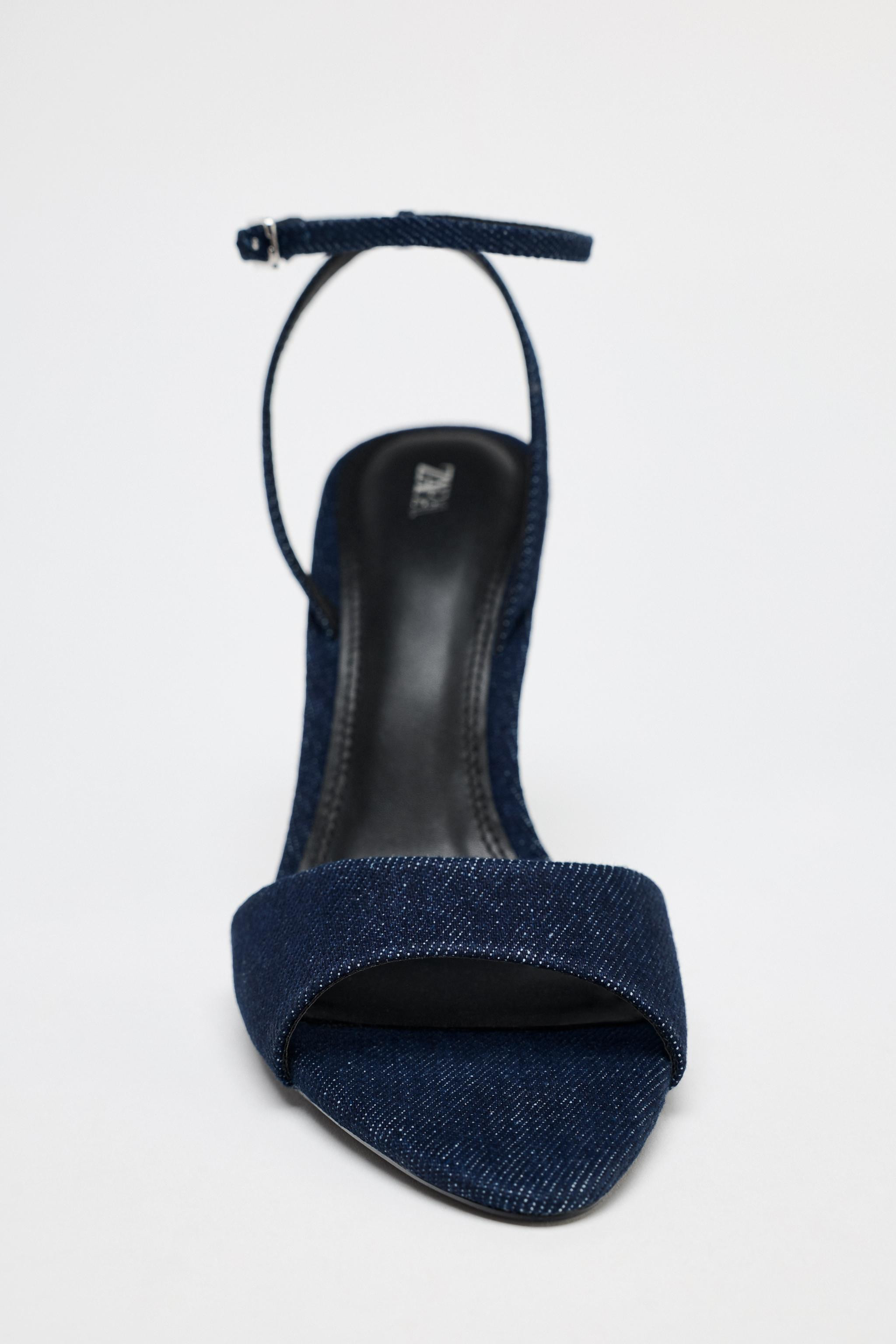 Denim high-heeled sandals. Front strap. Metallic stiletto heel. Ankle strap with buckle closure. ... | Zara US