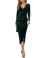 DIRASS Women's Elegant Velvet Long Sleeve Wrap V Neck Ruched Bodycon Cocktail Party Maxi Dress | Amazon (US)
