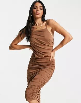 AX Paris sleeveless ruched midi body-conscious dress in camel | ASOS (Global)