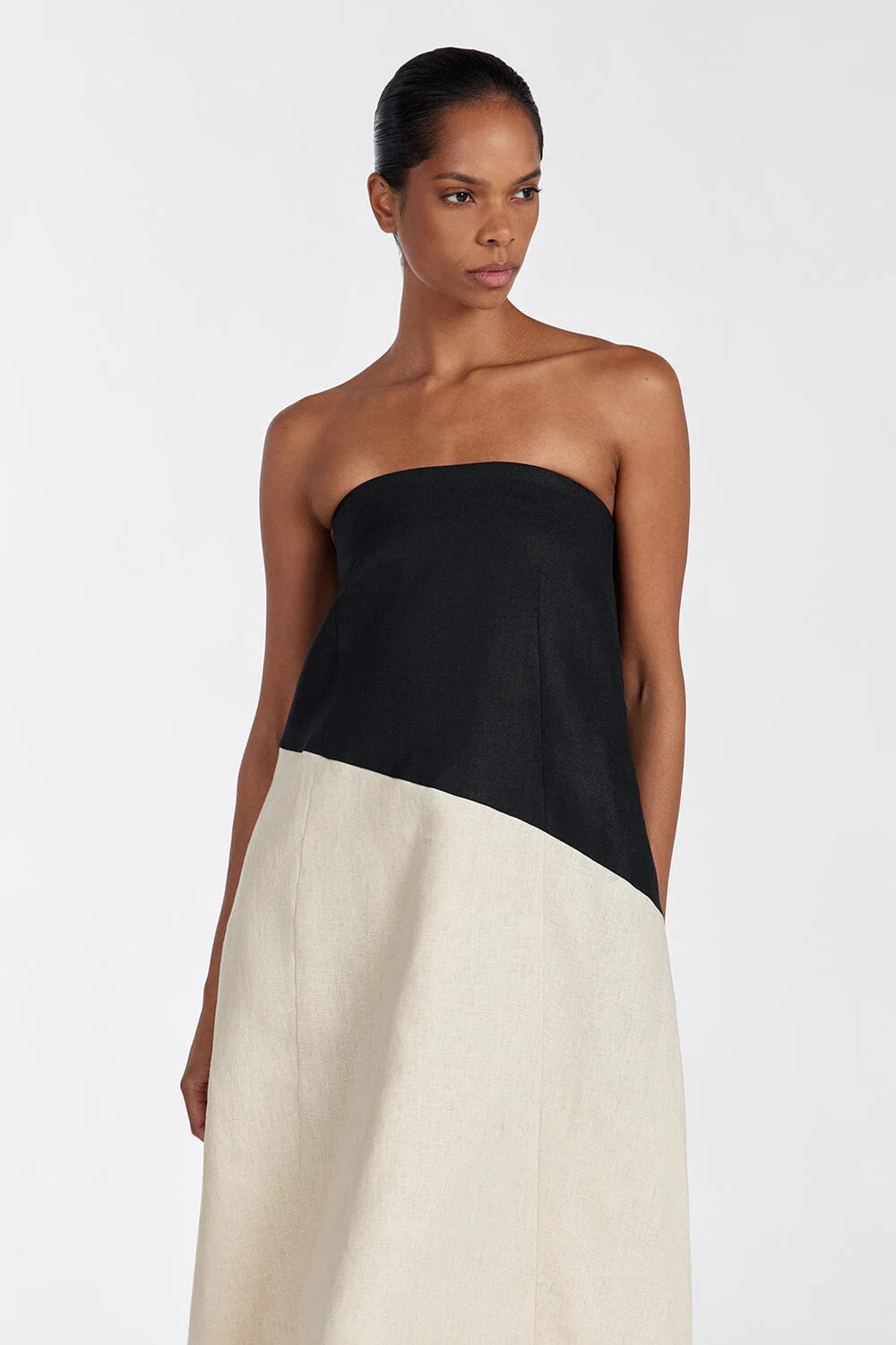 KALANI BLACK STRAPLESS LINEN MIDI DRESS | DISSH