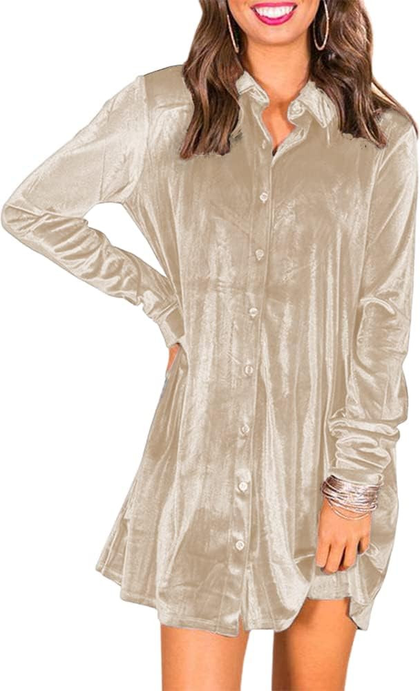 Caitefaso Womens Velvet Button Down T Shirts Swing Mini Dress Casual Long Sleeves Lapel Tunic Tops | Amazon (US)