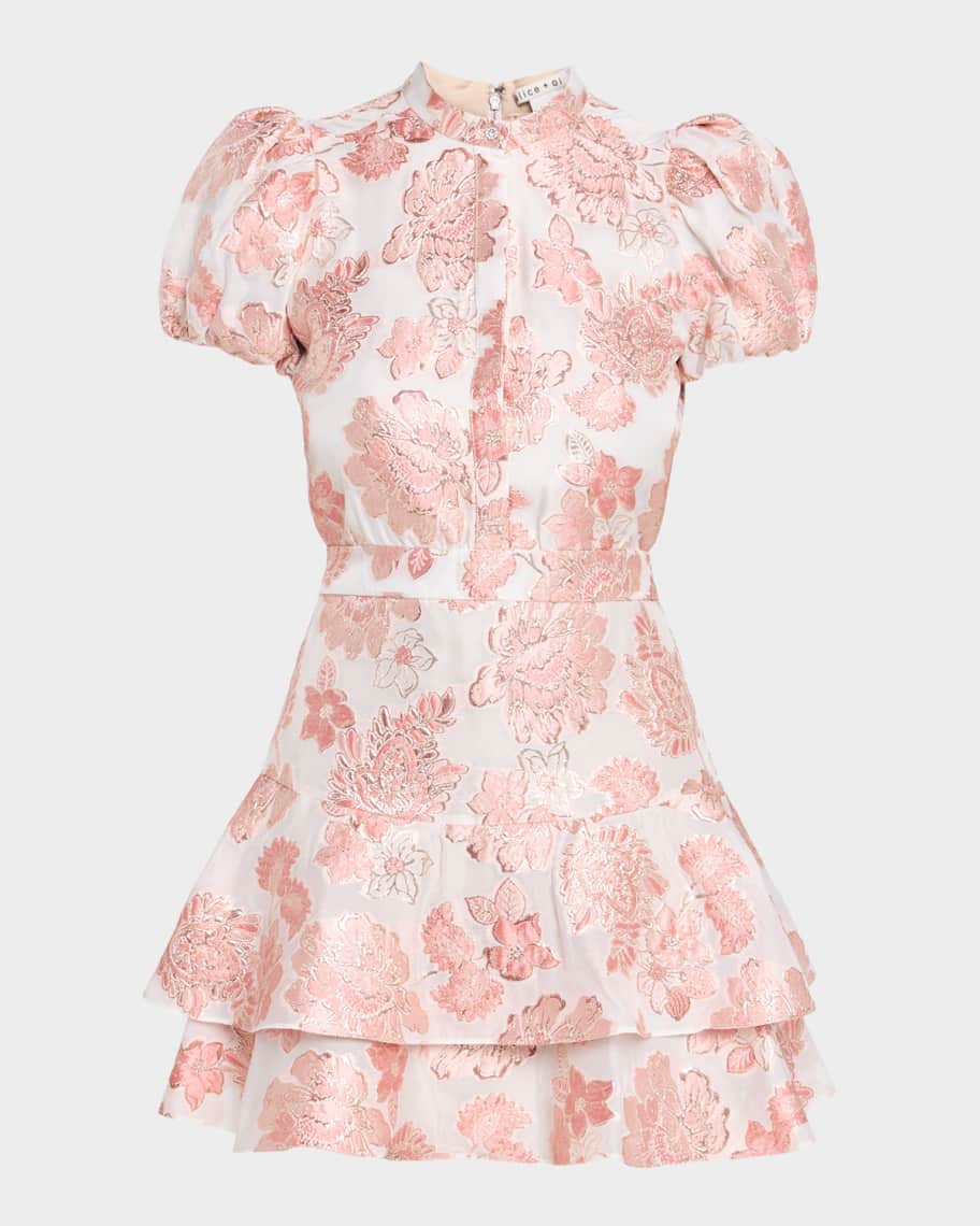 Loryn Metallic Floral Puff-Sleeve Mini Dress | Neiman Marcus