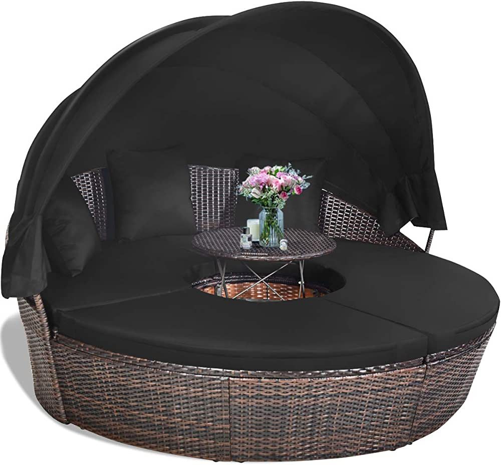 Tangkula Patio Round Daybed with Retractable Canopy, Outdoor Wicker Rattan Furniture Sets, Sectio... | Amazon (US)