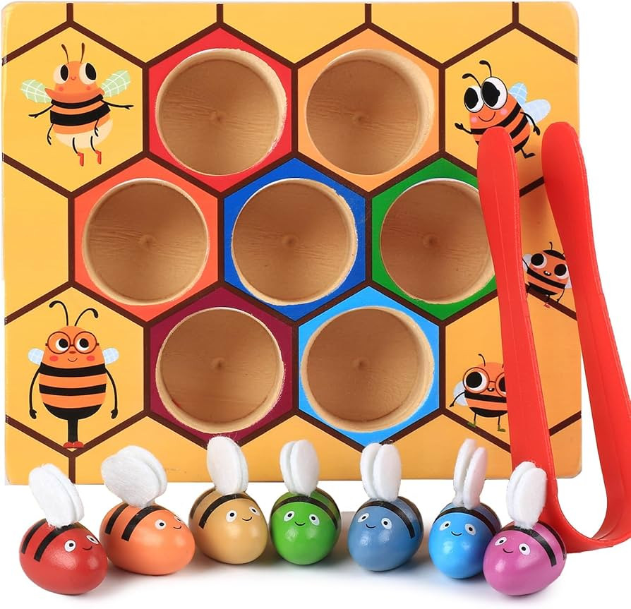 Toddler Fine Motor Skill Toy, Bee to Hive Matching Game, Montessori Wooden Color Sorting Matching... | Amazon (US)