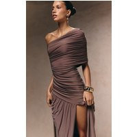 Taupe Double Layer Slinky Bardot One Shoulder Ruched Maxi Dress, Brown | PrettyLittleThing UK