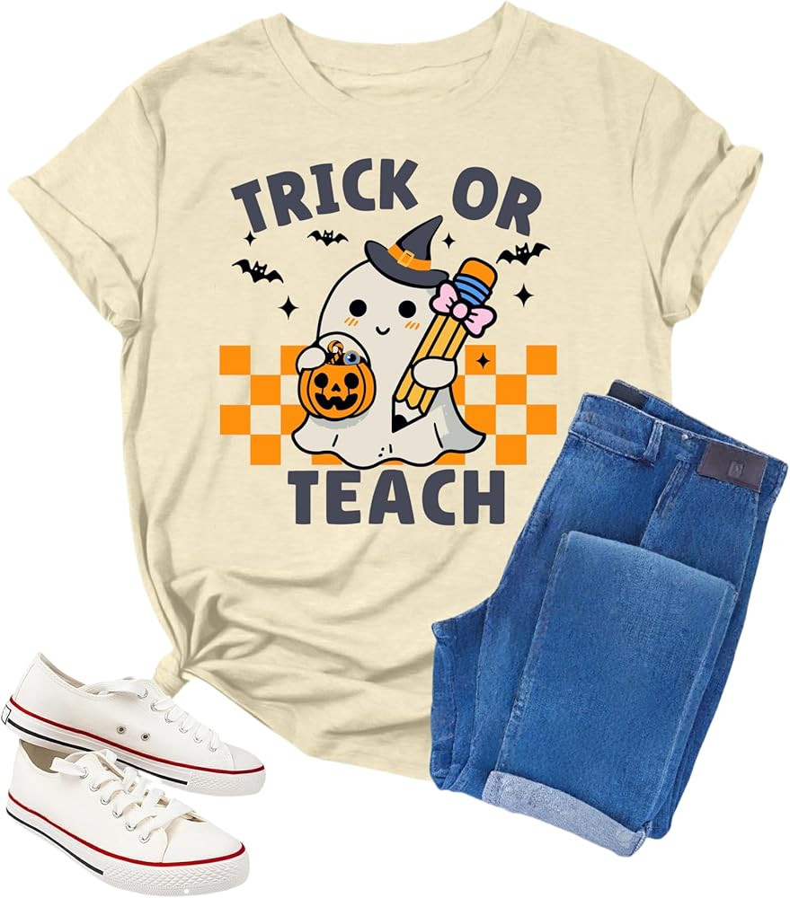 Halloween Teacher Shirts for Women Trick Or Teach Shirts Ghost T Shirt Bookish Tee Funny Cute Sho... | Amazon (US)