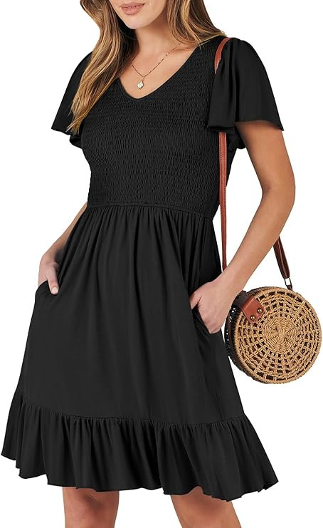 ANRABESS Women's Summer Casual Beach Mini Dress Smocked V Neck Flutter Sleeve Cute Boho Short Dre... | Amazon (US)