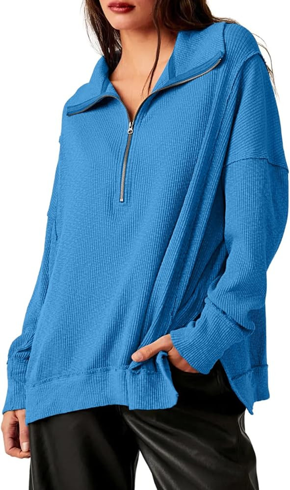 Tankaneo Womens Long Sleeve Tunic Tops Casual Oversized Quarter Zip Ribbed Knit Shirts | Amazon (US)