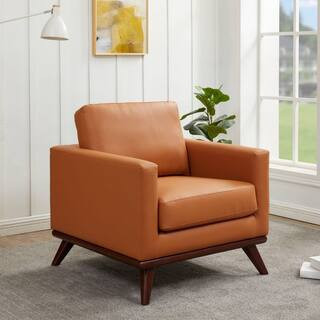 Chester Leather Accent Arm Chair with Removable Cushions Single Seater Sofa with Birch Wood Legs in Cognac Tan | The Home Depot