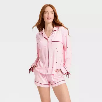 Women's Jersey Long Sleeve Notch Collar Shirt and Shorts Pajama Set - Auden™ Pink Striped S | Target