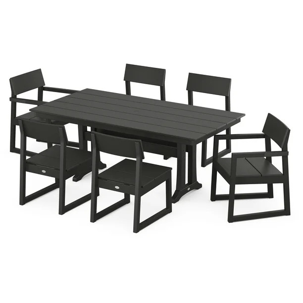 POLYWOOD EDGE 7-Piece Farmhouse Trestle Dining Set in Black | Walmart (US)