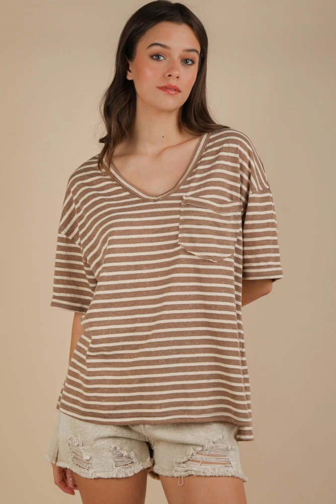 Mocha Striped Oversized V-Neck Front Pocket T-Shirt | PinkBlush Maternity