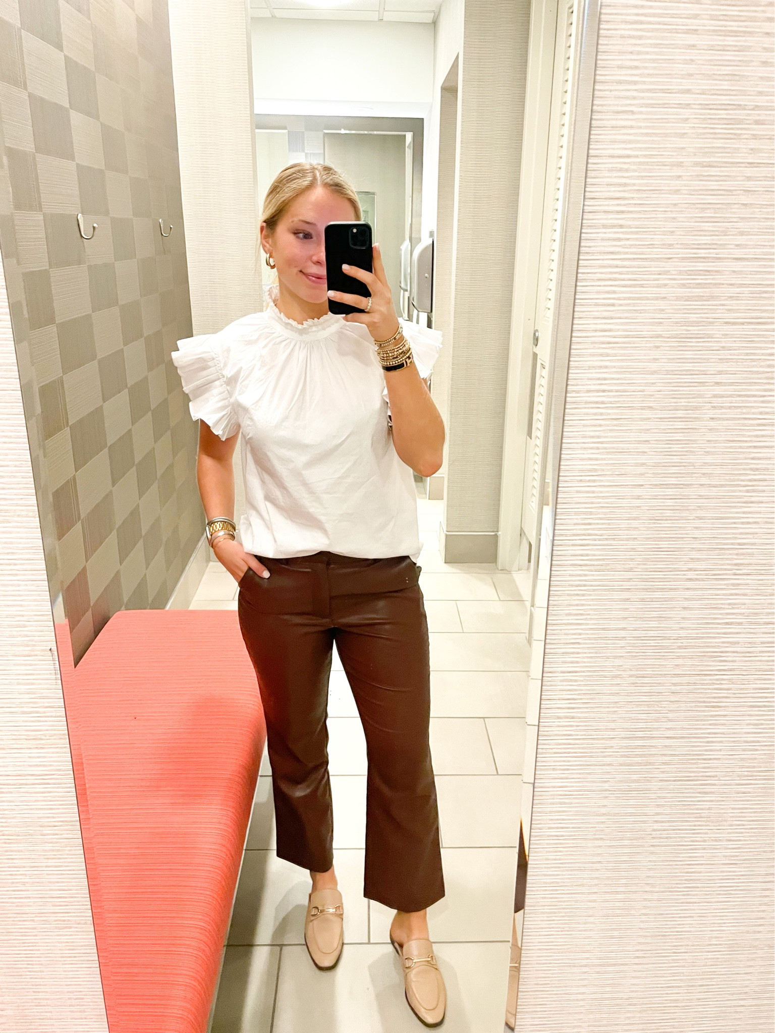 Loving this work outfit! These @tjmaxx Leather pants are the comfiest and most flattering pants I have! I got them in brown and black in store, but they are also on their website. Linked in photo. Obsessed with this @shopelan top for all occasions- linked on my Instagram and Linktree! Shoes are last year from @zara , but linked similar! 

#LTKsalealert #LTKworkwear