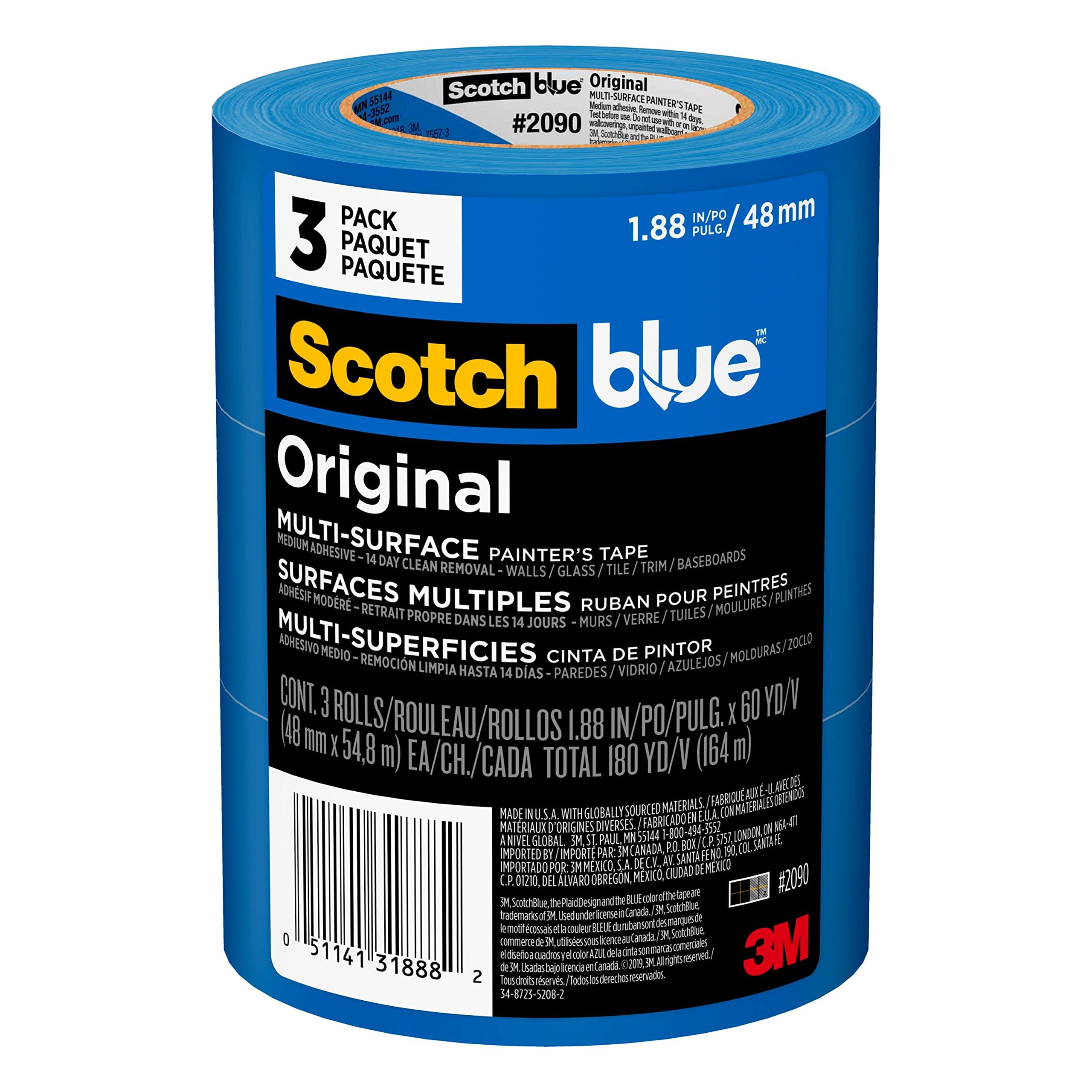 ScotchBlue Original Multi-Surface Painters Tape, 2 Inch Wide (1.88 In. x 60 Yds), 3 Rolls, Blue P... | Amazon (US)