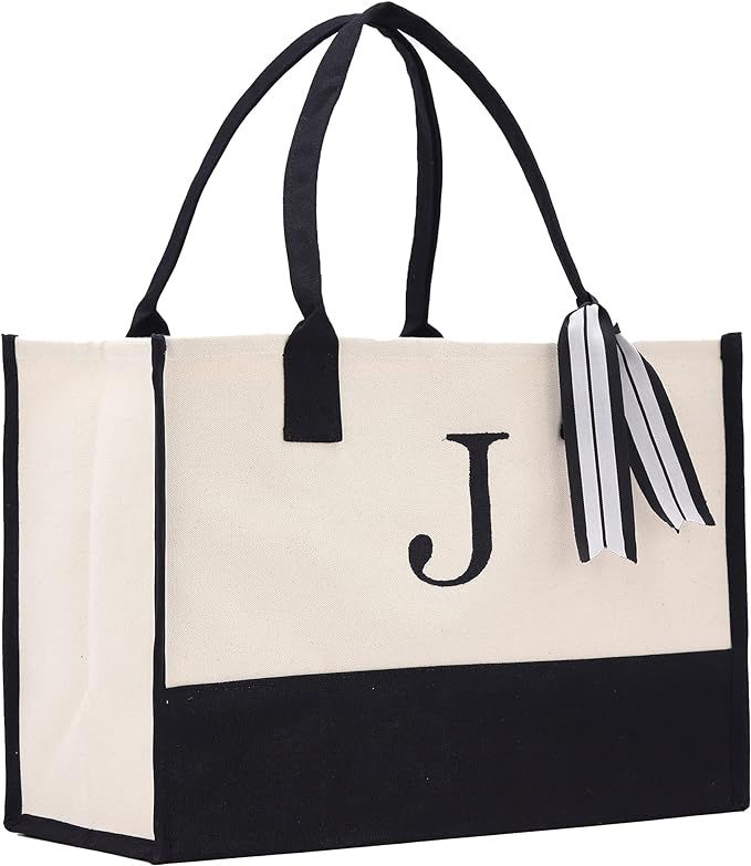 Personalized Gift Monogram Initial 100% Cotton Two Tone Chic Tote Bag with Customize Option - Bla... | Amazon (US)