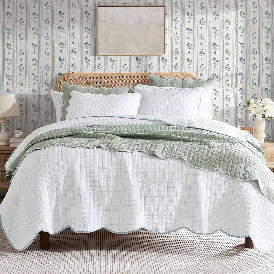 WDCOZY White Queen Size Quilt Bedding Set, Blue Scalloped Farmhouse Country Rustic Lightweight So... | Amazon (US)