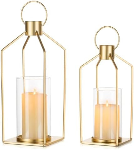 NUPTIO Gold Lanterns Decorative Indoor: Set of 2 Hanging Metal Pillar Candle Lantern with Bottoml... | Amazon (US)