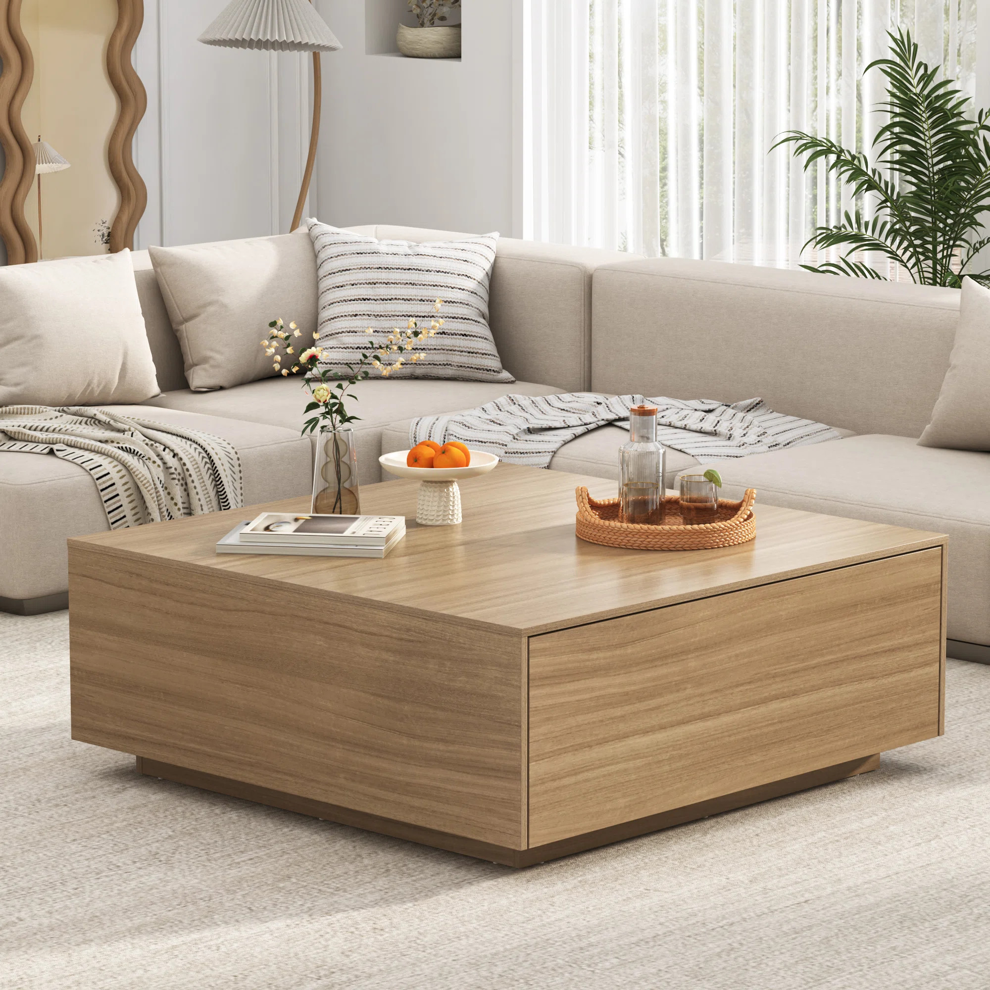 Modern Square Coffee Table With 2 Drawers, Large Square Center Table, Wood Coffee Table For Livin... | Wayfair North America