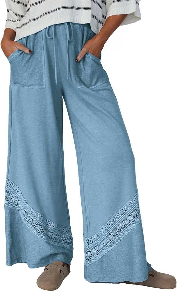 Women's Casual Hollow Out Wide Leg Pants Drawstring Loose Boho Beach Trousers with Pockets | Amazon (US)