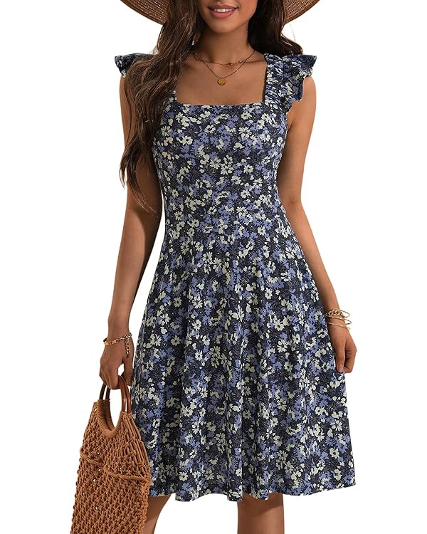 Loemes Summer Casual Cute Floral Flowy Square Neck Sundressses with Pocket Beach Dress for Women ... | Amazon (US)