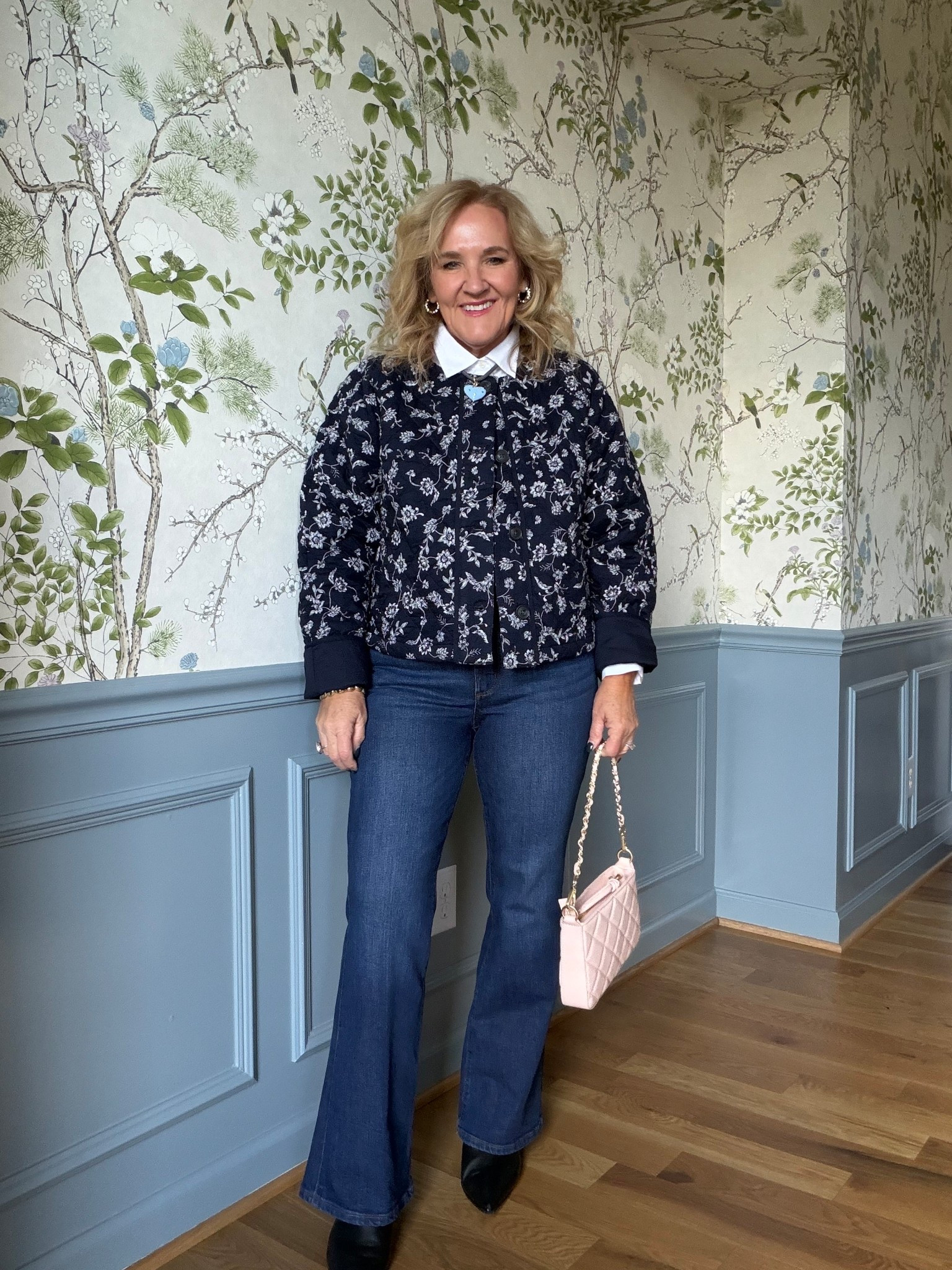 New loft! 
Quilted jacket medium 
White blouse medium 
Jeans 29 petite 
Bag is on sale! 
20% off my accessories code NANETTE20

#LTKOver40 #LTKSaleAlert #LTKPetite