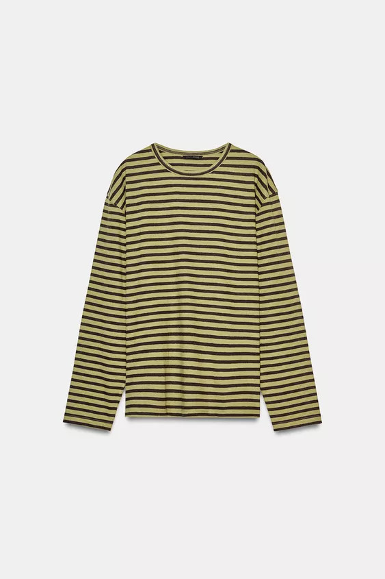 STRIPED COTTON AND LINEN T-SHIRT | Zara UK