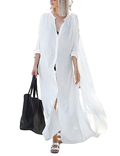 Bsubseach Women’s Swimsuit Cover Up Long Sleeve Bikini Kimono Cardigan Lightweight Beach Coverup Shirt Dress 2025 Summer Vacation Blouse Casual Solid Side Slit Swimwear White | Amazon (US)