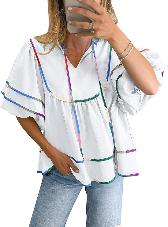 ANRABESS Womens Babydoll Tops 2026 Summer V Neck Boho Blouse Short Lantern Sleeve Dressy Casual S... | Amazon (US)