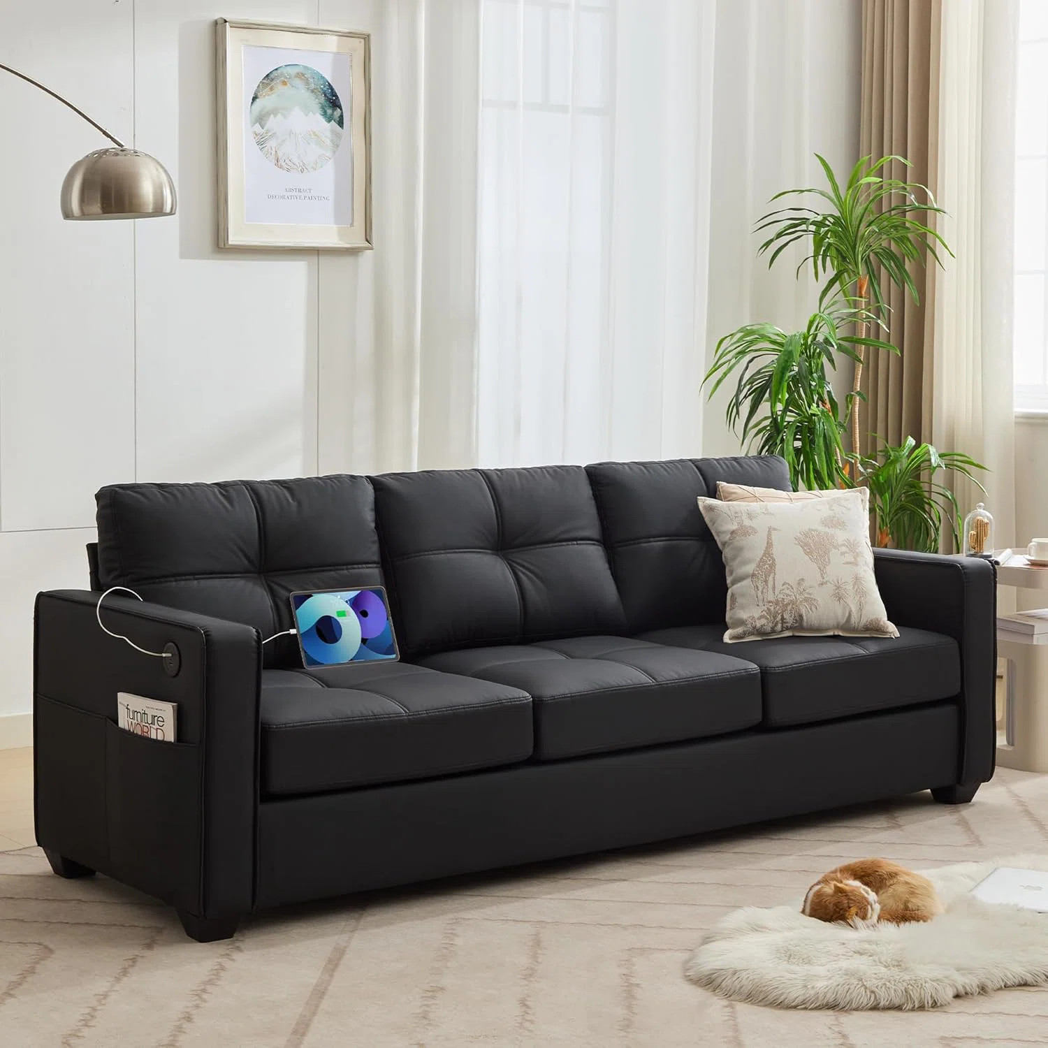 88\u201d W Faux Leather Couch With Square Armrests | Wayfair North America