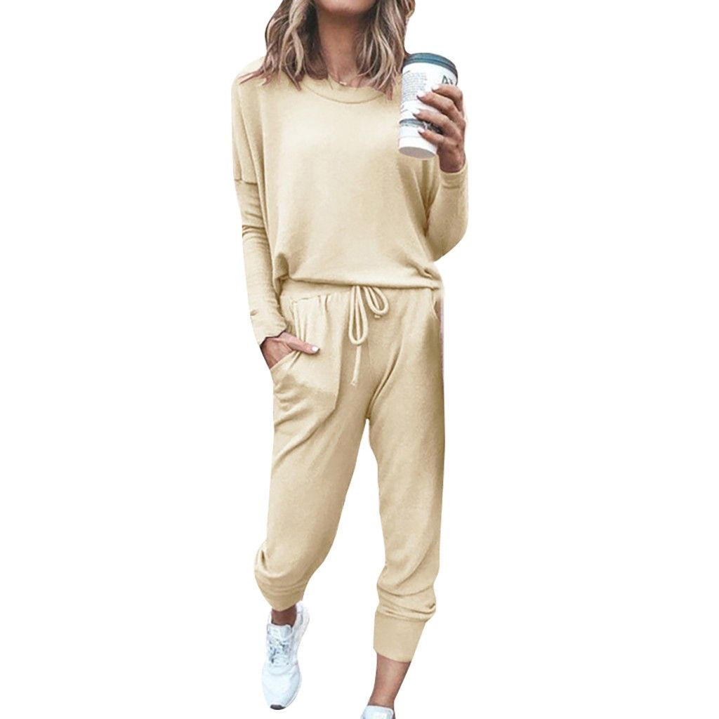 Jpgif 2Pc Women Pure Color Suit Long Sleeve Leisure Pocket Home Sweatpants Sets | Walmart (US)