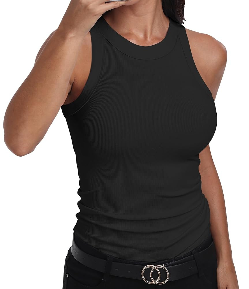 GEMBERA Womens Sleeveless Racerback High Neck Casual Basic Cotton Ribbed Fitted Tank Top | Amazon (US)