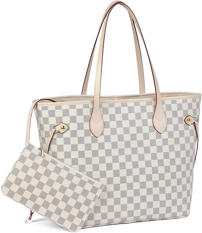 Checkered Tote Shoulder Bag with inner pouch - PU Vegan Leather | Amazon (US)