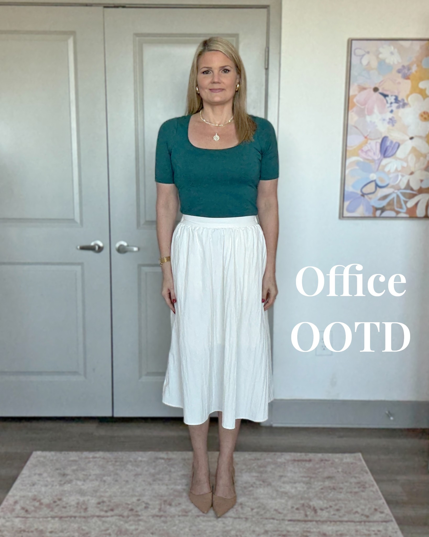 Workwear/office OOTD! I have this top in multiple colors, it’s so good! Wearing the medium. White full midi skirt is sold out in most sizes but I linked a similar skirt. Nude heels run true to size. Melinda Maria jewelry .

#LTKStyleTip #LTKWorkwear #LTKTall